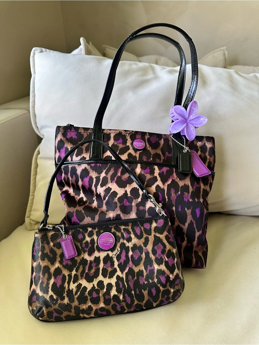 Coach Taylor Ocelot Leopard Print Tote + Matching Wristlet Set 🐆💜